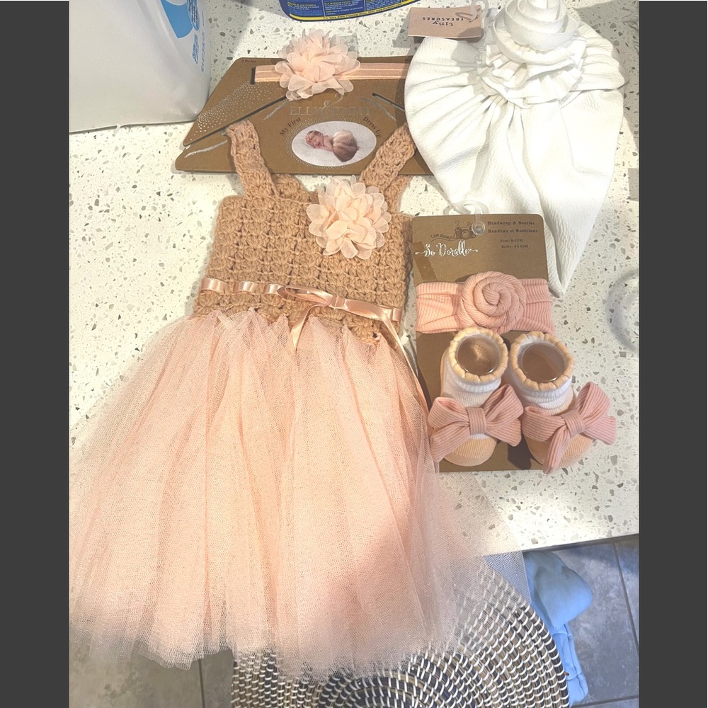 Baby girl dress, headwraps, booties and turban